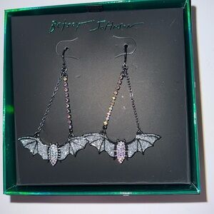 NWT BETSEY JOHNSON BAT CRYSTAL PAVE EARRINGS HEMATITE DANGLE GLITTER HOOK NIB